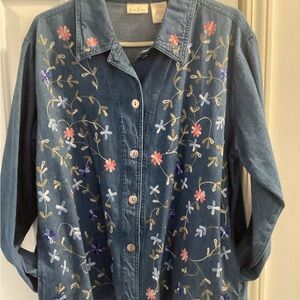 Bobbie Brooks Blue Denim Button-Down Shirt with Floral Embroidery